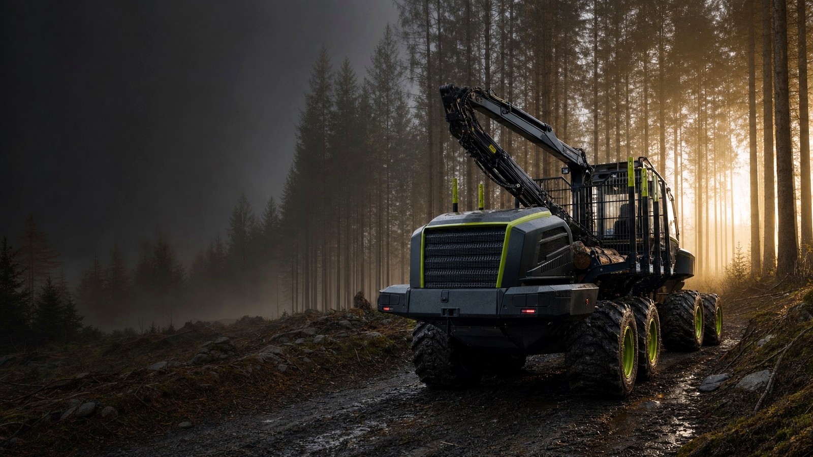 Machine forestière en activité dans un paysage rural